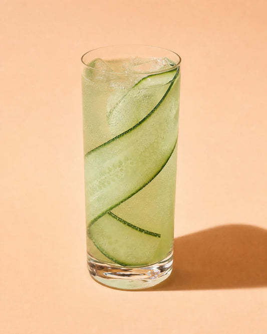 La Fresquita transparente con matiz verde pálido en vaso highball, con burbujas y cinta de pepino sobre fondo liso.